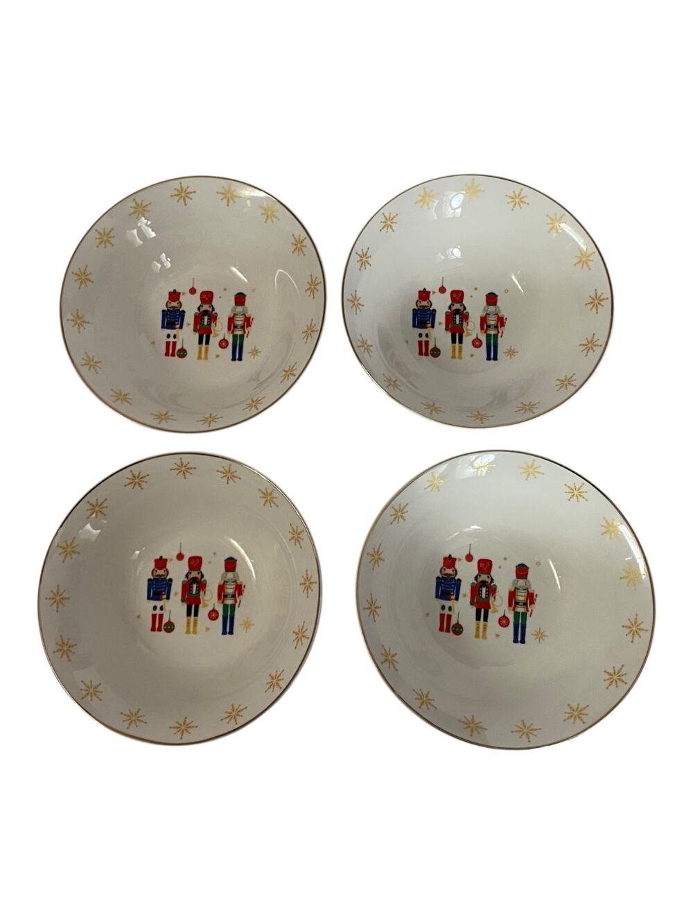 Holiday Style Nutcracker Ceramic Bowls Set 4 Christmas Gold Rim Cottagecore NWT